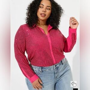 Torrid Pink Sequin Madison Long Sleeve Button Down Shirt N18